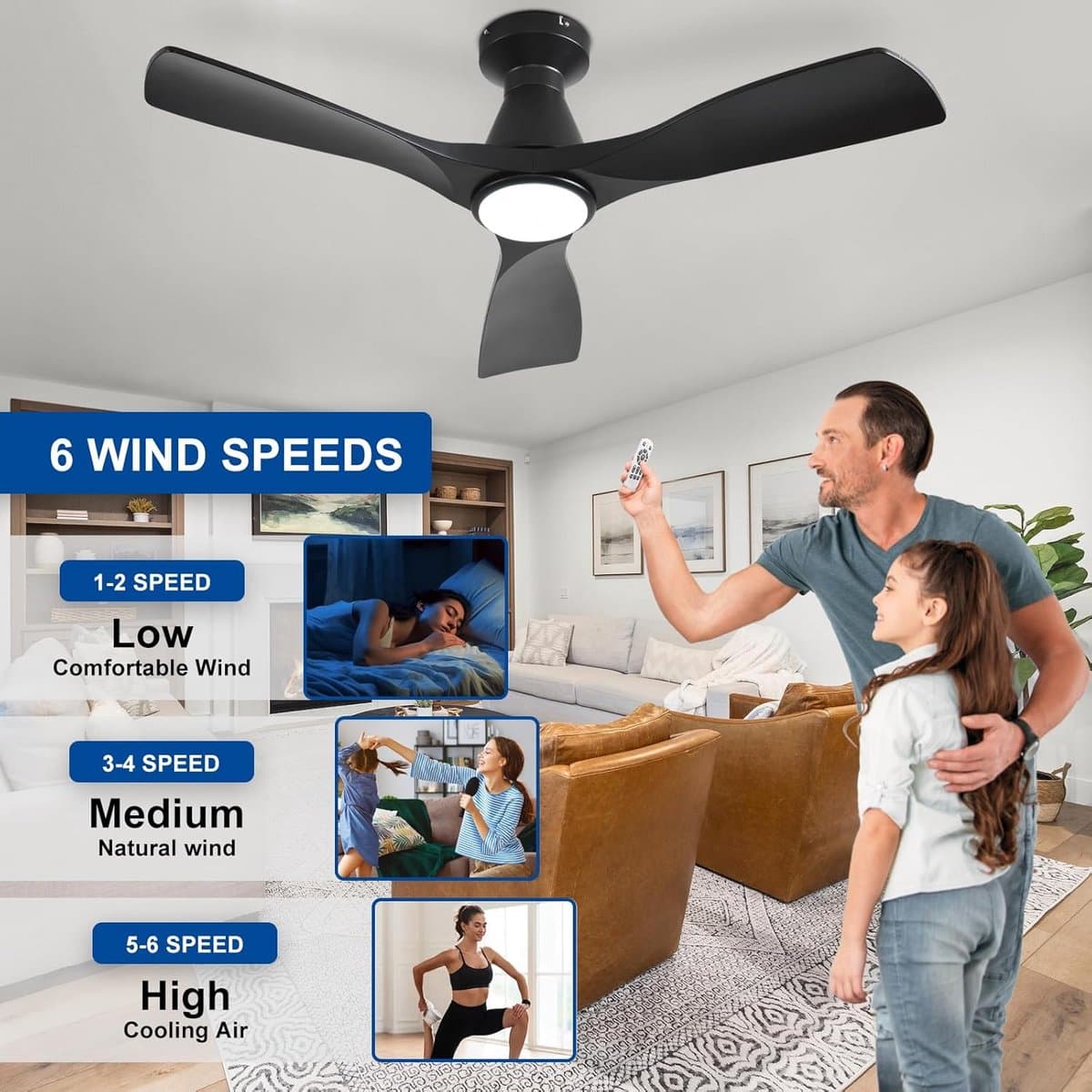 Stijlvolle Zwarte Plafondventilator 107 cm met Verlichting - Laag Profiel en Stille DC Motor — afbeelding 1