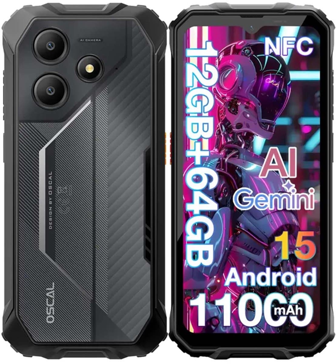 OSCAL MARINE 2 Robuuste Smartphone - Gemini AI - 12GB RAM+64GB ROM - 11000mAh Robuuste Telefoon - 6,56 Inch - IP68 IP69K - Dual SIM 4G - Android 15 - BT5.2 - NFC GPS - Zwart — afbeelding 1