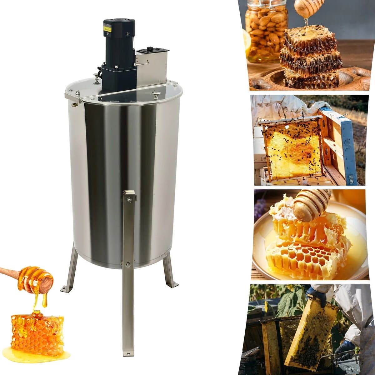 Sensova - Elektrische Honingextractor 4 Ramen - Honingslinger RVS Bijenteelt Honingtrekker met Verticale Motor 140W 220V, 370 RPM, Vloerstaand Model met Transparant Deksel - Professionele Bijen Honing Extractor voor Imkers — afbeelding 1