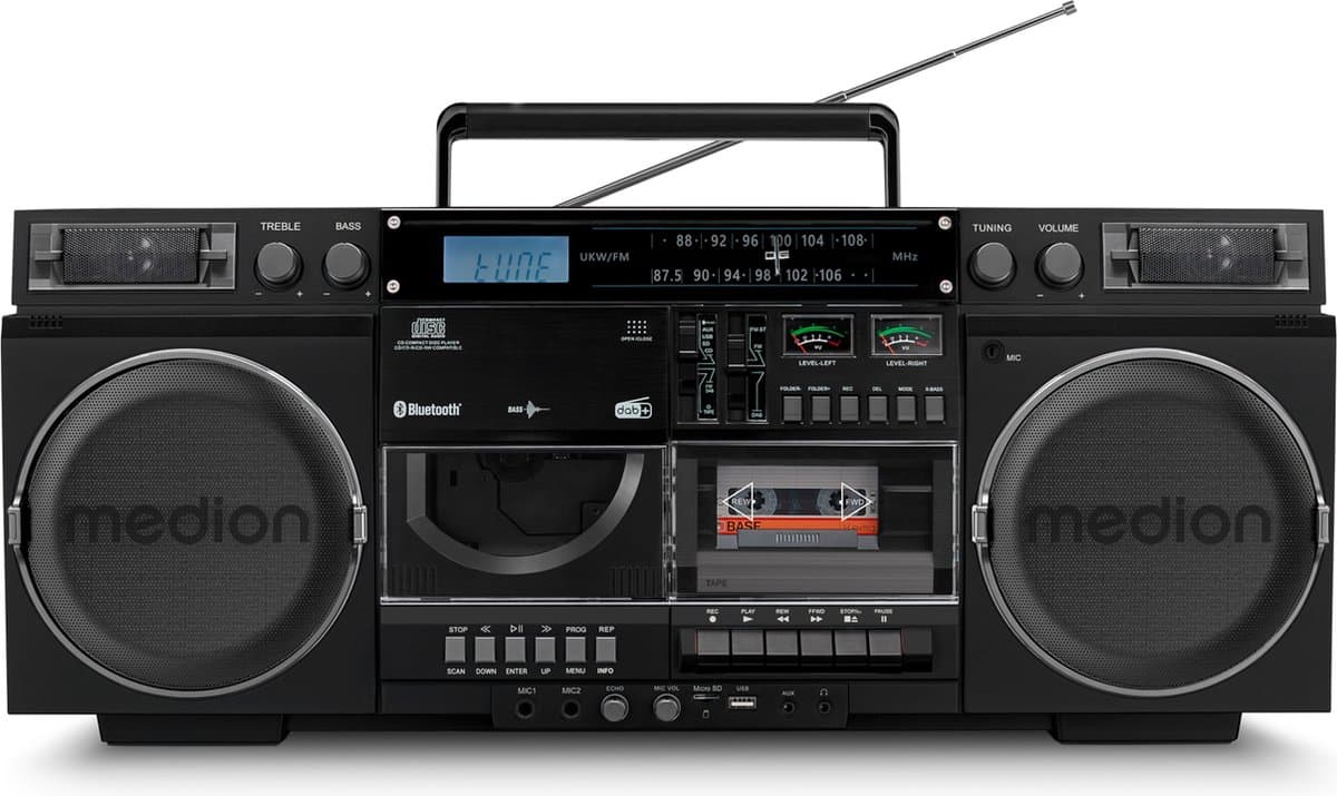 MEDION P66538 Cassetterecorder (retro boombox met cd-speler, jaren 80, groot, USB, SD, cd, cassette MC, DAB+ radio telescopische antenne, Bluetooth, cassettedeck, opnamefunctie, werkt op batterijen) — afbeelding 1