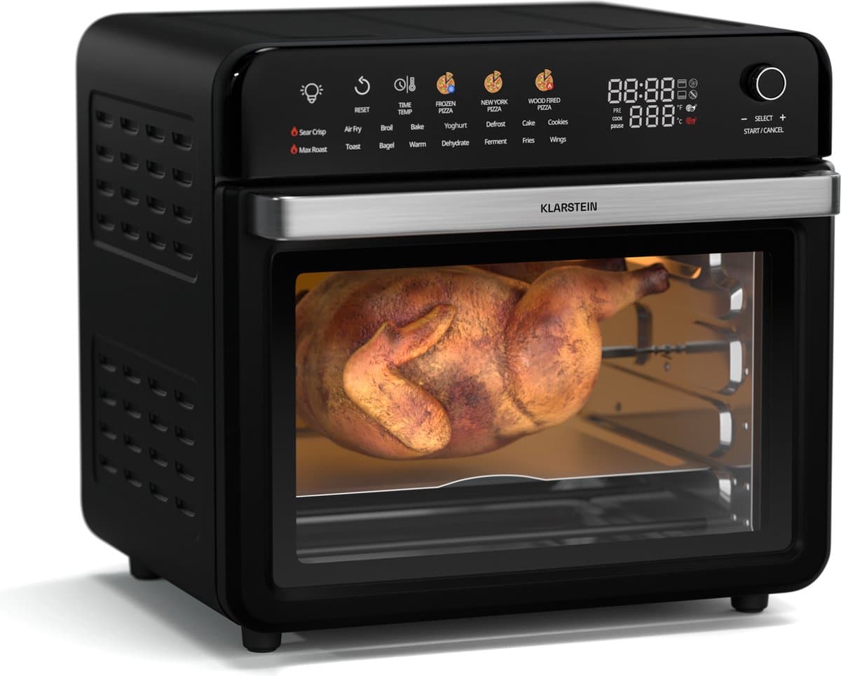 Klarstein Airfryer AirGlaze Digitale Heteluchtfriteuse – 34 L, 2000 W, 19 Programma’s, Rotisserie, Touchdisplay, 40–350 °C, Pizzasteen & Grillroosters, Dubbel Glasdeur, Zwart - voor Keuken - Timer - Heteluchtoven — afbeelding 1