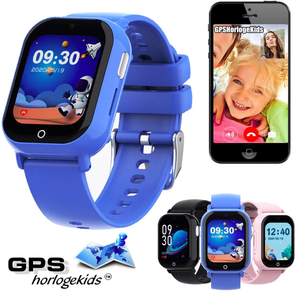 GPSHorlogeKids© - smartwatch kinderen - GPS horloge kind – kleinste model 2025 – kinder smartwatch - 4G videobellen - spatwaterdicht - SOS alarm - incl. SIM - PAX Blauw — afbeelding 1