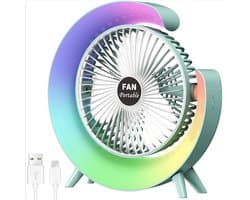 Nieuwe USB-bureauventilator met 3 standen en kleurrijke LED-verlichting – Draagbare tafelventilator – Stille desktopventilator – 181° draaibaar – Voor thuis, kantoor, slaapkamer en studentenkamer (Groen)