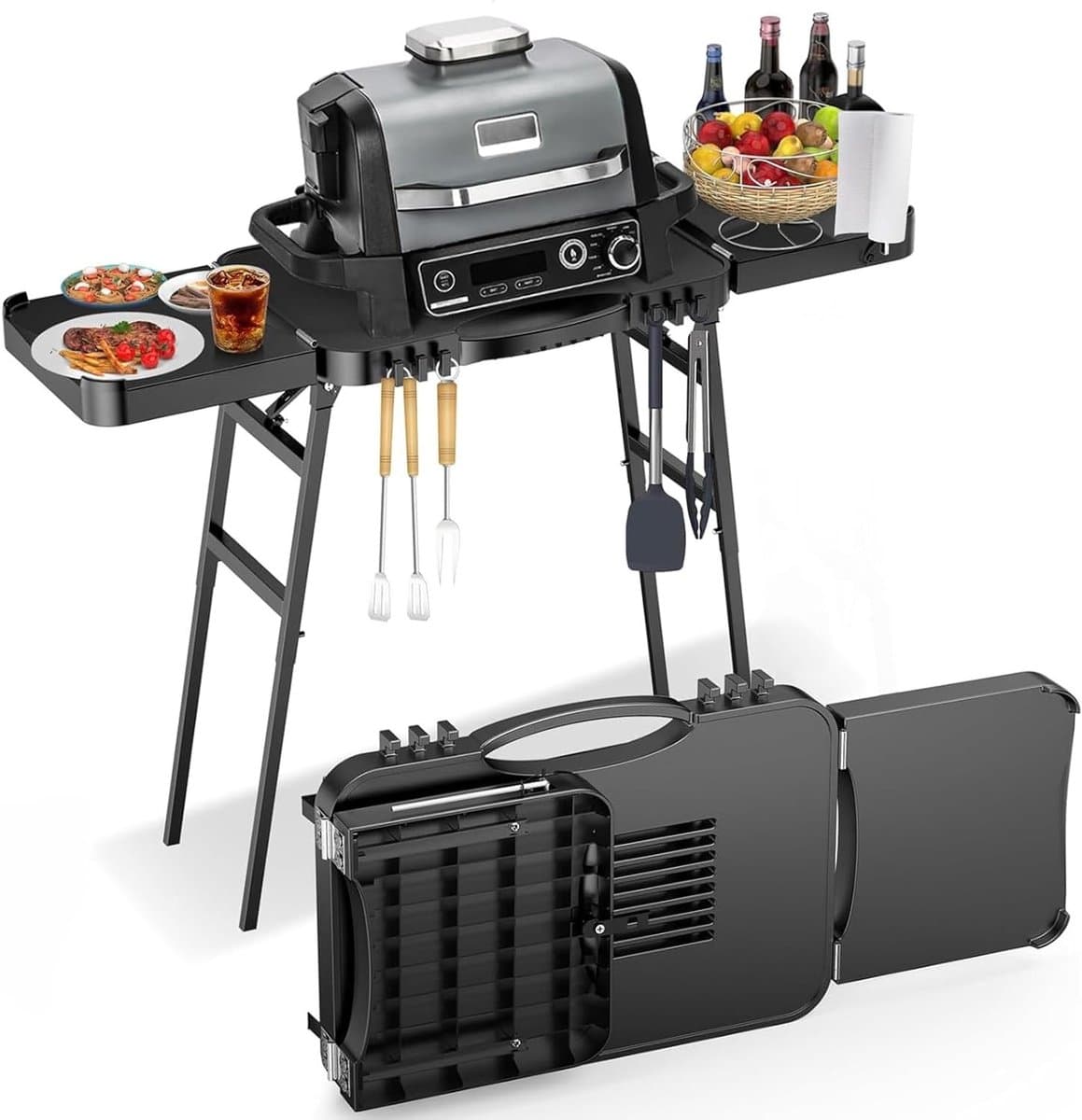Draagbare Grill Trolley voor Enders Urban, Weber Q100/Q200/Q300 en Ninja Woodfire - Vouwbare Buiten Grillstand met Ruime Werkplek en In hoogte Verstelbare Poten — afbeelding 1