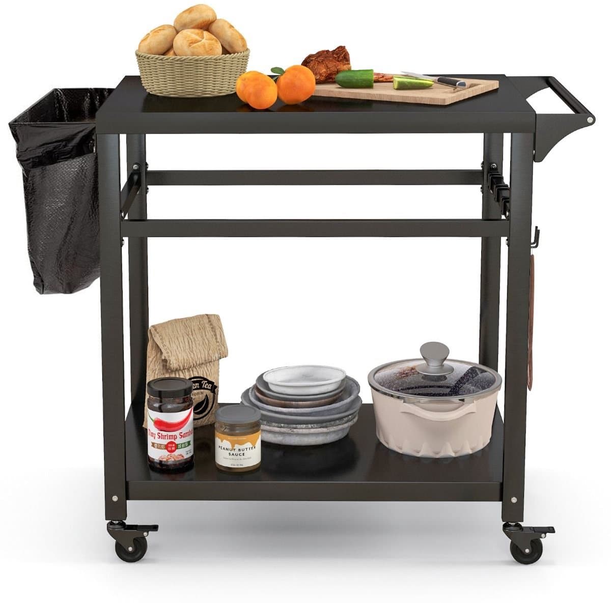 Buitenkeuken op Wielen – BBQ Trolley – Met Opbergkast & Planken – Werktafel voor Buiten – Hout & Metaal – Multifunctioneel – Zwart — afbeelding 1