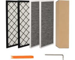 Set van 4 binnenfilters, compatibel met Tesla Model Y (2020-2026) en Juniper, bestaande uit 2 HEPA-filters en 2 actieve koolfilters, met 5-traps filtering en installatiegereedschap
