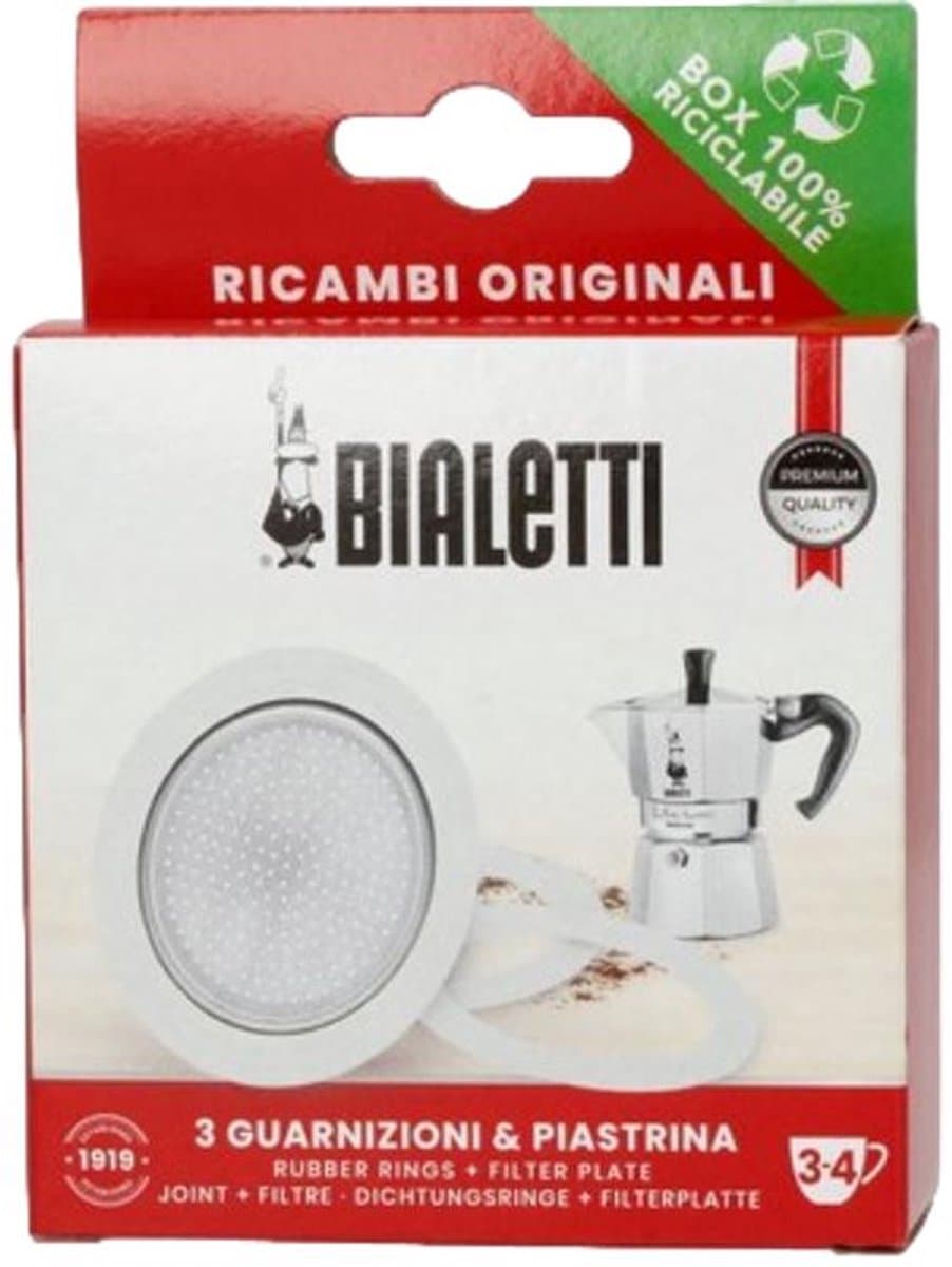 Bialetti Moka Express filterplaatje en drie rubber ringen 3/4 kops — afbeelding 1