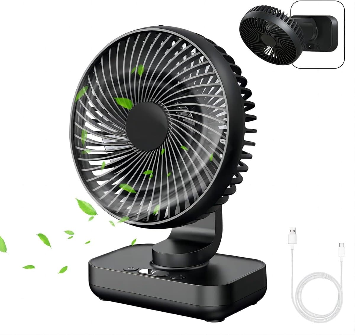 Mini Bureauventilator - Stil - Oplaadbaar - 3600mAh Batterij - 4 Windsnelheden - 120° Oscillatie - Voor Thuis, Kantoor En Reizen - Zwart — afbeelding 1