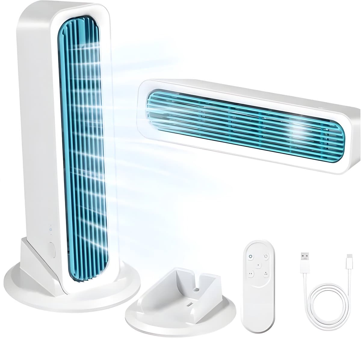 Bladloze Torenventilator - USB Torenventilator - 4000mAh - 3 snelheden - Stille Staande Ventilator - met losse voet en afstandsbediening - voor bureau, slaapkamer en camping - wit — afbeelding 1