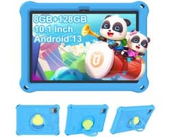 SnelShoppen - Kindertablet 10.1 inch Android 13 voor Kinderen, Schokbestendige Beschermhoes, 8 GB RAM, 128 GB ROM, 6000 mAh, Ouderlijk Toezicht, Dubbe