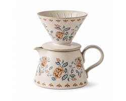 Gloovon® Keramische Koffieset - Handmatige Pour Over Dripper - Warmtebehoud - Vaatwasserbestendig - Pot 420ml met 20 Filters - Crème