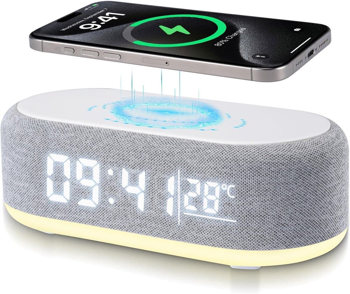 Digitale Wekker geschikt voor Slaapkamer, Volwassenen en Kinderen – Wekkerradio met 15W Draadloos Opladen en Bluetooth Speaker – Grijs — afbeelding 1