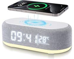 Digitale Wekker geschikt voor Slaapkamer, Volwassenen en Kinderen – Wekkerradio met 15W Draadloos Opladen en Bluetooth Speaker – Grijs