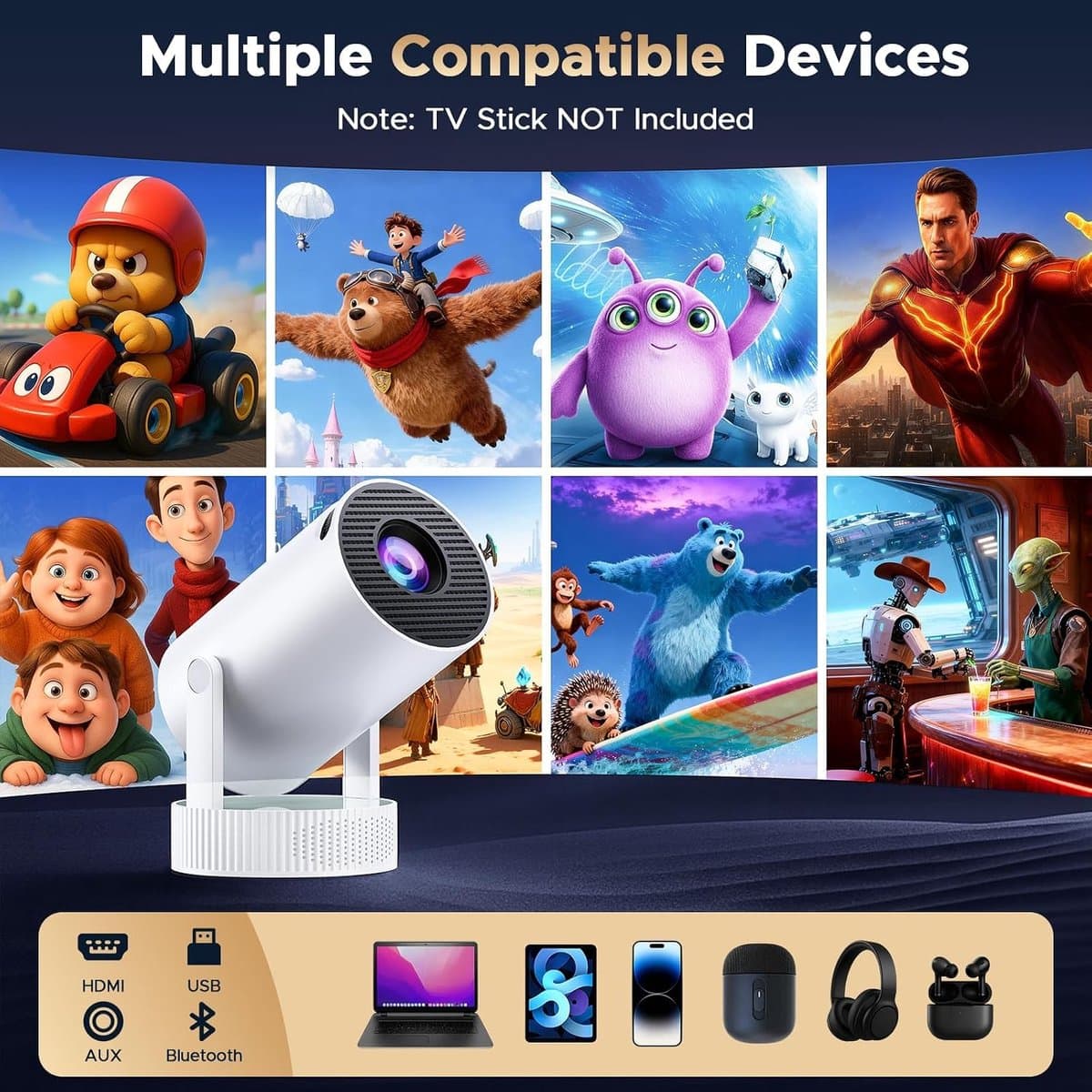 Beamer met Batterij, Draagbare Projector ondersteuning 4K resolutie, 220° Rotatie, WiFi 6 Bluetooth, Android TV, Ingebouwde Speaker, Auto Keystone Beamer voor Buiten Thuisbioscoop Slaapkamer — afbeelding 1