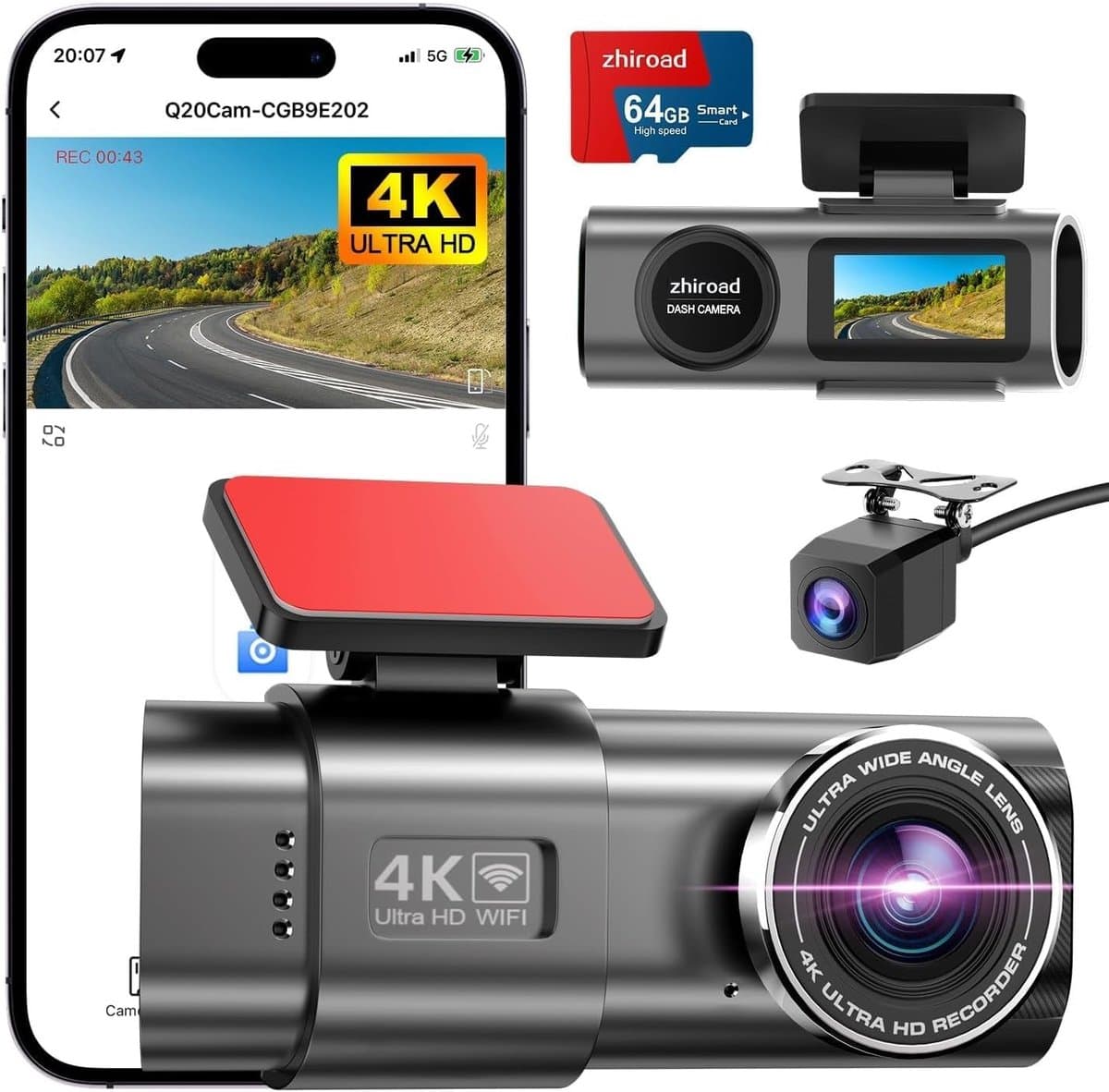 Dashcam voor auto - Zwart - Voor en Achter - 4K + 1080P Wifi Dashboardcamera met Nachtzicht en 64GB SD-kaart - Universeel — afbeelding 1