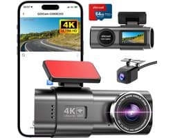 Dashcam voor auto - Zwart - Voor en Achter - 4K + 1080P Wifi Dashboardcamera met Nachtzicht en 64GB SD-kaart - Universeel