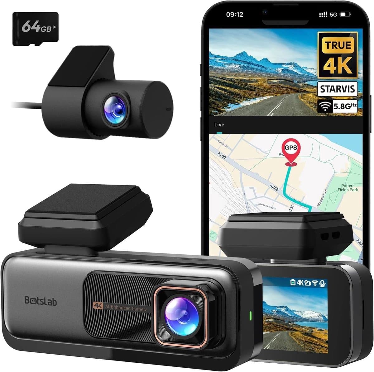 Dashcam voor auto - Zwart - G980H met 64 GB-kaart - Dubbele 4K Camera met GPS en WiFi - Voor Veilig Rijden — afbeelding 1