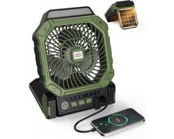Solar Ventilator Met Oplaadbare Batterij - 4 Standen + 3 LED Zaklamp - Met Afstandsbediening & Timer (2/4/8u) - USB-C/Zonne-energie - Compact Camping Design - Groen