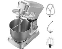 Elektrische Keukenmixer met Een Capaciteit van 4,3 L, 1300 W Vermogen, 6+P Instelbare Snelheden, Kantelbaar Ontwerp, Inclusief 1,5 L Blenderbeker, Roestvrijstalen Kom, Deeghaak, Garde en Klopper voor Bakken en Mixen, Zilver