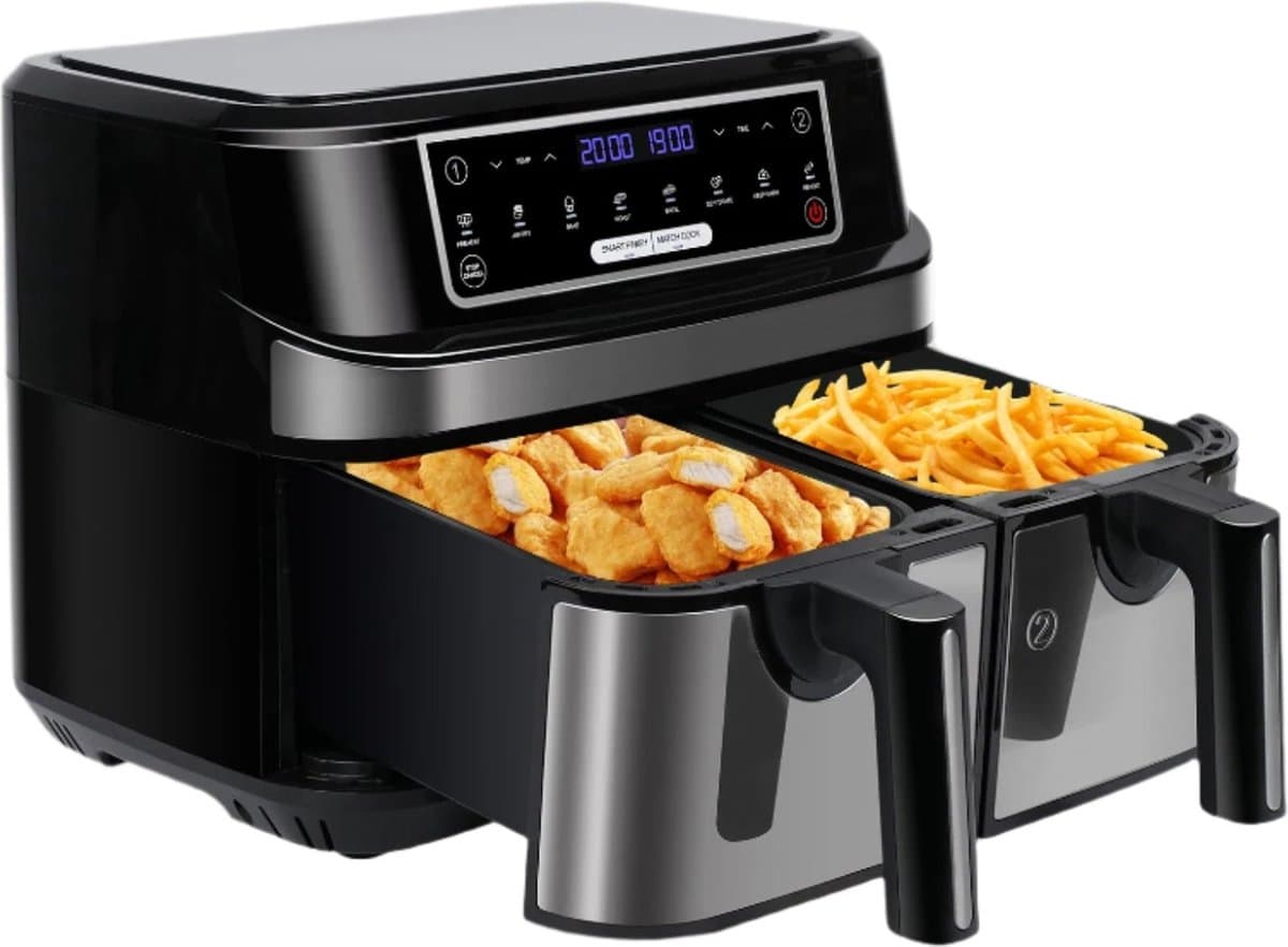 Digitale Airfryer - PFAS vrij - Groot 9 Liter - Heteluchtfriteuse - Zwart - Digital screen - 8 Voorinstellingen - Inclusief in hoogte verstelbaar Grillrack - 2 onafhankelijke 4,5L lades - met LED-touchscreen — afbeelding 1