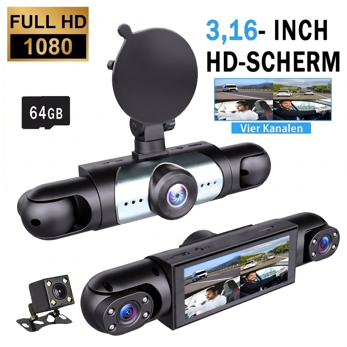 SOGIOL Dashcam Auto - 4 Lenzen (Voor, Achter, Links, Rechts) - 1080P Full HD - WiFi & GPS - Dashcams - Nachtzicht - G-Sensor - Parkeerbewaking - 3,16 Inch met App - Incl. 64GB SD-Kaart — afbeelding 1