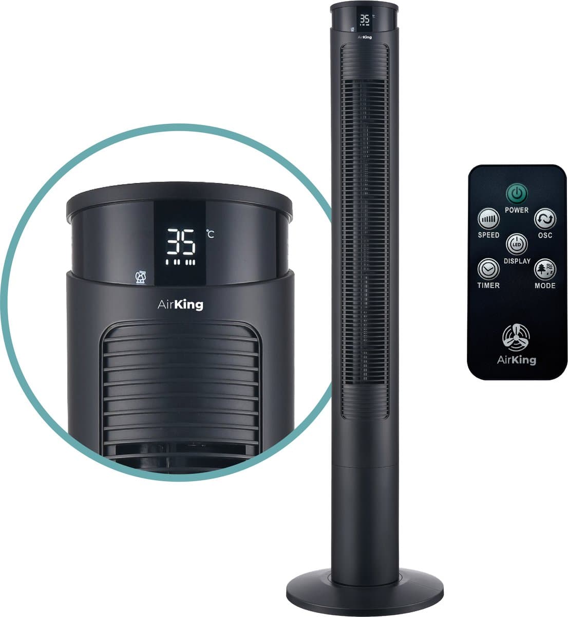 AirKing Torenventilator 117cm - Kolomventilator met Afstandsbediening - Ventilator staand met Timer - 3 Snelheidsstanden - Oscillatie & Dimbaar LED Scherm - Energiezuinig - Koelventilator voor Kamer - Zwart — afbeelding 1