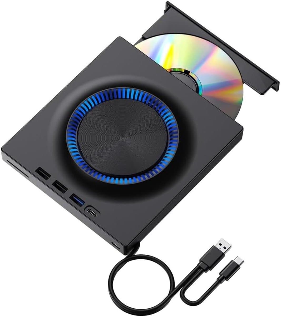 Externe CD DVD Station - Draagbare Brander Lezer - Bestanden Backuppen - Ingebouwde USB Hub - Dun Ontwerp - Zwart — afbeelding 1