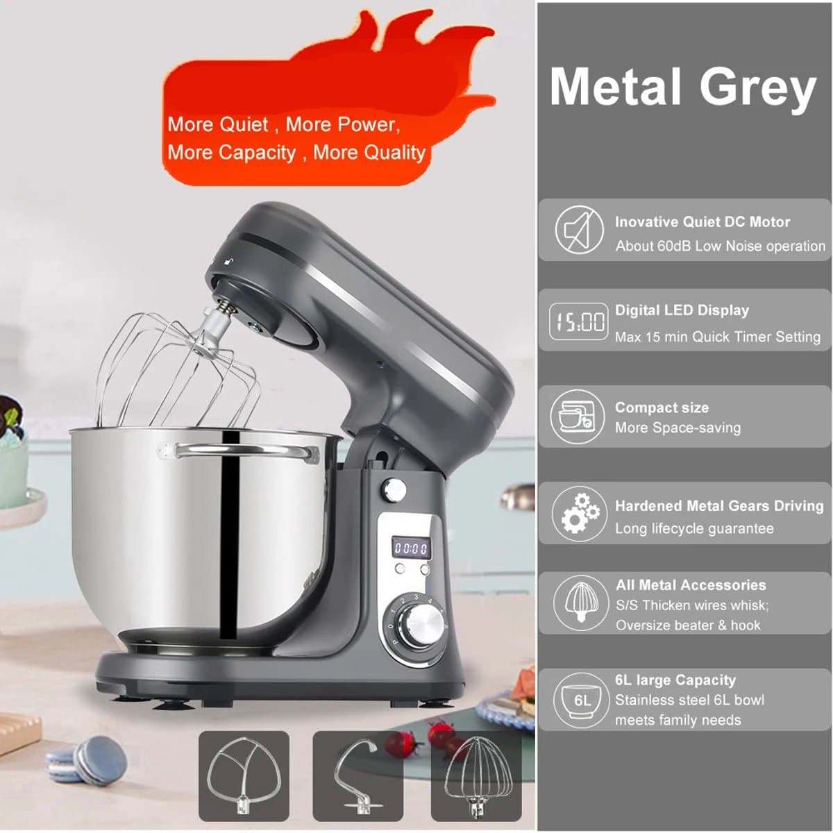 Keukenmixer - Keukenmachine - Foodprocessor - Keukenrobot - Elektrische Foodmixer - 1200W - Stil DC-Motor - LED Display - 6 Snelheden - Metaal Grijs — afbeelding 1