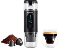 Koffiemaatje 125ml Draagbare Koffiemachine Zwart | 18 Bar | Oplaadbaar | Verwarmt Water | Nespresso Compatible Cups & Gemalen Koffie | USB Oplaadbaar | 12V & 220V | Espresso | Lungo | Ristretto | Geïntegreerd Kopje