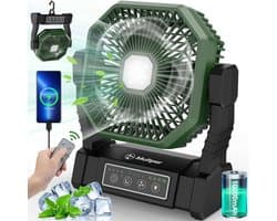 Campingventilator met LED Verlichting – Oplaadbare Tafelventilator – 10000mAh Accu – Afstandsbediening & 4 Snelheden