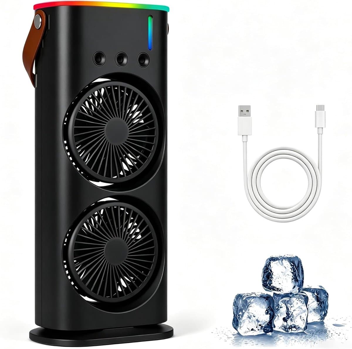 Draagbare mini-airco – 280 ml luchtkoeler, 4-in-1 draagbaar apparaat, 3 snelheden, 3 vernevelingsstanden, ledverlichting in 7 kleuren, USB-ventilator & luchtbevochtiger voor de slaapkamer - zwart — afbeelding 1