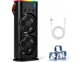 Draagbare mini-airco – 280 ml luchtkoeler, 4-in-1 draagbaar apparaat, 3 snelheden, 3 vernevelingsstanden, ledverlichting in 7 kleuren, USB-ventilator & luchtbevochtiger voor de slaapkamer - zwart