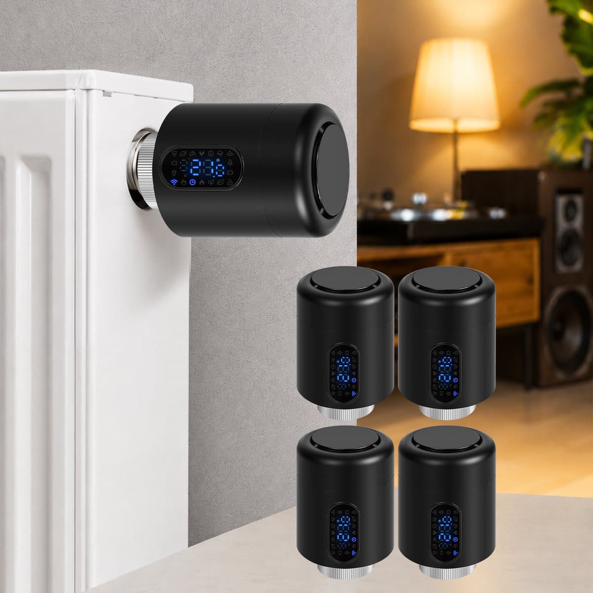 WiFi Radiatorthermostaat met App-bediening en 7 Ventieladapters – Zwart – 4-pack — afbeelding 1