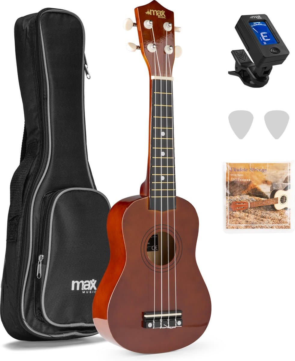 Ukelele set - MAX UKEY - 21 inch Ukulele van hout - Kindergitaar en gitaar voor volwassenen - incl. Ukelele tas, plectrums en stemapparaat - Bruin (hout) — afbeelding 1